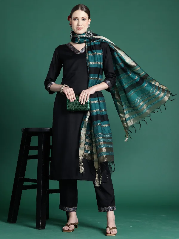 Women Black Self Design Straight Kurta Trousers With Dupatta Set Skinny Trousers Denim Stretchy Women Black Self Design Straight Kurta Trousers With Dupatta Set Skinny Trousers Denim Stretchy