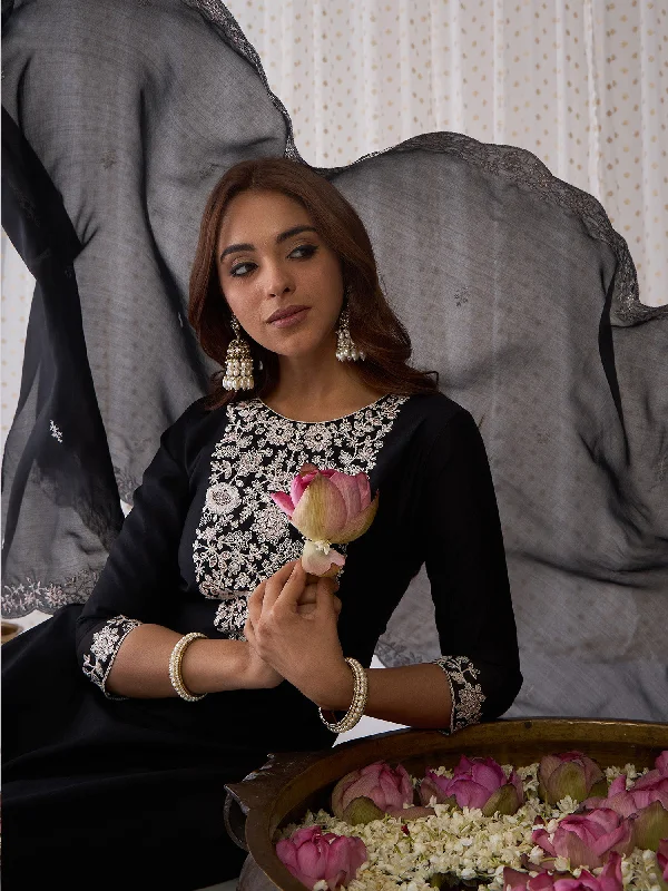 Women Black Embroidered Straight Kurta Trousers With Dupatta Set Trousers Striped Patterned Women Black Embroidered Straight Kurta Trousers With Dupatta Set Trousers Striped Patterned