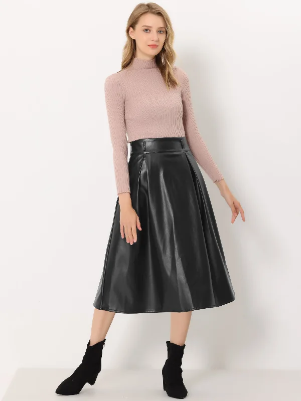 Faux Leather High Waist Belted A-line Flare Midi Skirt leather skirt bold