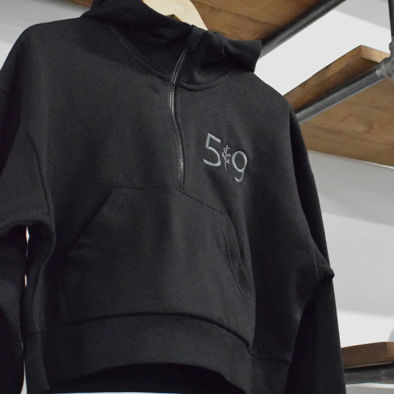 EMBROIDERED CROPPED SCUBA 1/2 ZIP HOODIE (WOMENS) Hoodie with Monochrome Minimalist Simple EMBROIDERED CROPPED SCUBA 1/2 ZIP HOODIE (WOMENS) Hoodie with Monochrome Minimalist Simple