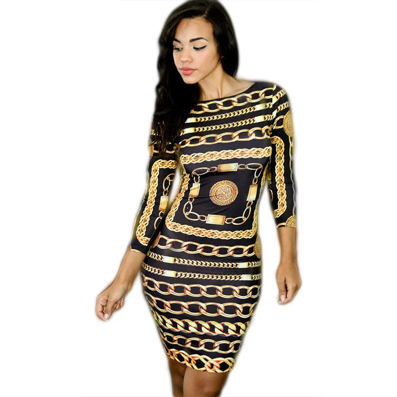 Fashion Chain Print Dress Women Three Quarter Sleeve O-Neck Sheath Dress Spandex High Casual Dresses for Woman Fashion Chain Print Dress Women Three Quarter Sleeve O-Neck Sheath Dress Spandex High Casual Dresses for Woman