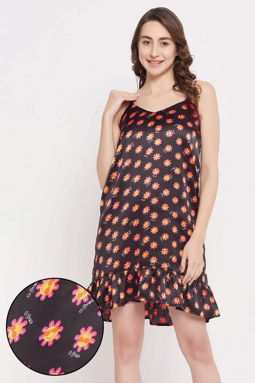 Emoji Print Short Night Dress in Black - Satin