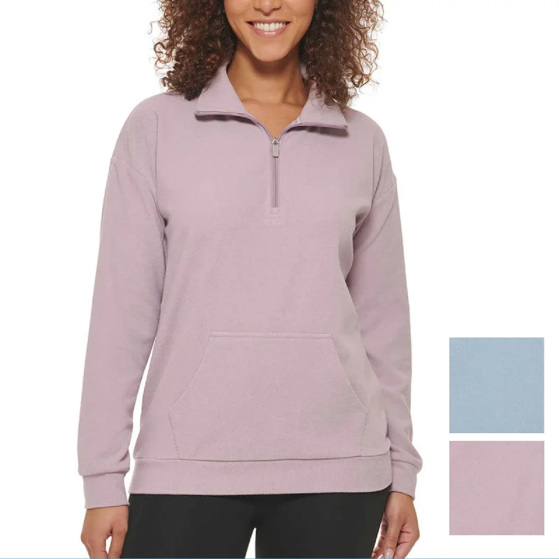 Marc NY By Andrew Marc Women's Kangaroo Pocket Ribbed Quarter Zip Sweatshirt Pullover Top Ribbed Crew Neck