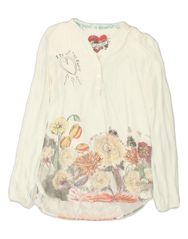 DESIGUAL Womens Pullover Shirt UK 14 Medium Off White Floral Lapel Neck Sweater