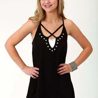 Roper Women's Black Cross Front Strap Spaghetti Strap Tank Top w. Studs baby blue tank