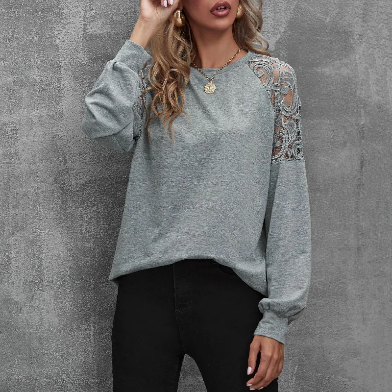 Lace Insert Raglan Sleeve Pullover Lantern Sleeve Elegant