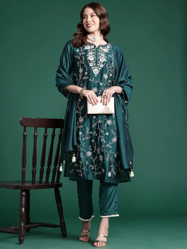 Women Teal Straight Embroidered Kurta Trousers With Dupatta Set Trousers luxurious premium Women Teal Straight Embroidered Kurta Trousers With Dupatta Set Trousers luxurious premium