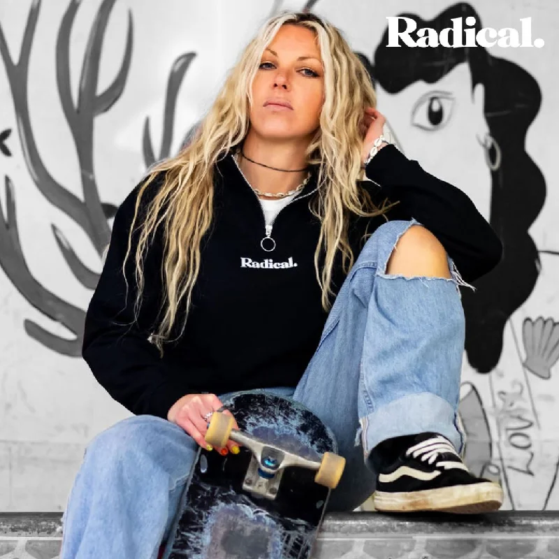 Radical. R logo 1/4 Zip Women's Cropped Sweatshirt - Black Hoodie with Applique Textured Unique Radical. R logo 1/4 Zip Women's Cropped Sweatshirt - Black Hoodie with Applique Textured Unique
