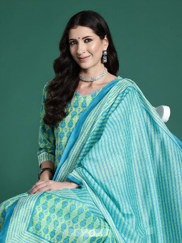 Women Green Printed Straight Kurta Trousers With Dupatta Set Trousers Polka Dot Cute Women Green Printed Straight Kurta Trousers With Dupatta Set Trousers Polka Dot Cute