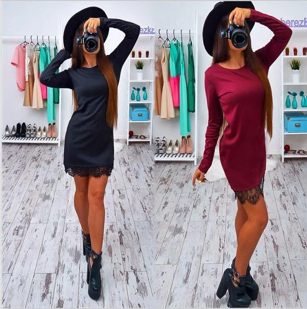 Autumn Lace Patchwork Women Dress Fashion O-neck Long Sleeve Black Red Elegant Dresses Casual Bodycon vestidos Plus size Autumn Lace Patchwork Women Dress Fashion O-neck Long Sleeve Black Red Elegant Dresses Casual Bodycon vestidos Plus size