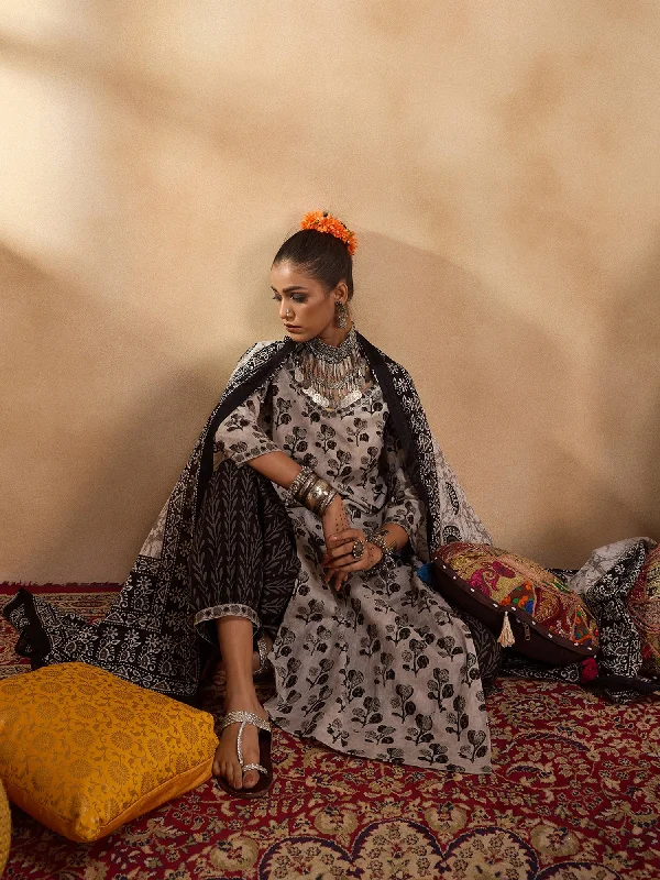 Women Grey Printed Straight Kurta Trousers With Dupatta Set Trousers Pleated Formal