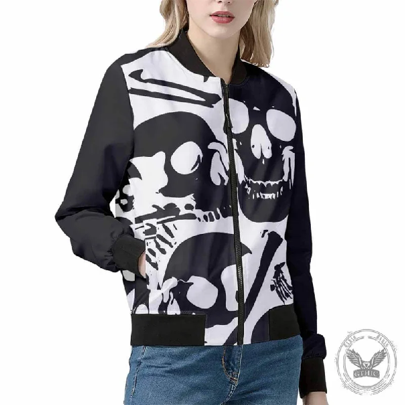 Gothic Black And White Skull Zip-Up Stand Neck Jacket Ribbed Jacket Pleated Jacket Ruffled Jacket