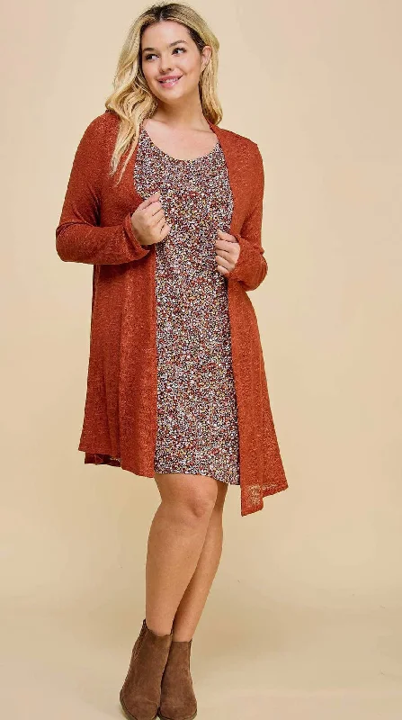 Dress - A Line Floral Pattern Dress With Cardigan Set, Rust, Also Plus Size Mesh Fabric Canvas Fabric Denim Fabric Dress - A Line Floral Pattern Dress With Cardigan Set, Rust, Also Plus Size Mesh Fabric Canvas Fabric Denim Fabric