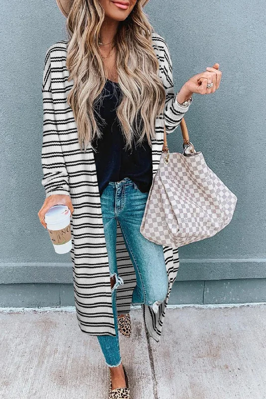 Stripe Print Open Front Duster Cardigan Open Front Closed Front Wrap Front