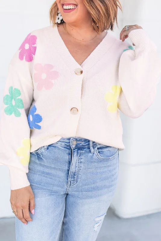 Beige Floral Pattern V Neck Buttoned Plus Size Cardigan Lightweight Heavyweight Midweight Beige Floral Pattern V Neck Buttoned Plus Size Cardigan Lightweight Heavyweight Midweight