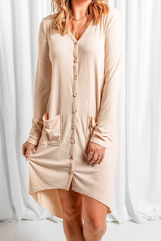 Apricot V-Neck Button-Up Cardigan with Pockets Zippered Front Buttoned Front Snap Front Apricot V-Neck Button-Up Cardigan with Pockets Zippered Front Buttoned Front Snap Front