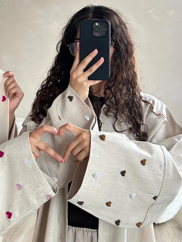 Getadme Love Heart Embroidery Muslim Abaya for Women Eid Dress Morocco Ramadan Lace-up Abayas Kaftan Islam Cardigan Dubai Arab Long Robe Handmade Hand-knitted Hand-woven Getadme Love Heart Embroidery Muslim Abaya for Women Eid Dress Morocco Ramadan Lace-up Abayas Kaftan Islam Cardigan Dubai Arab Long Robe Handmade Hand-knitted Hand-woven