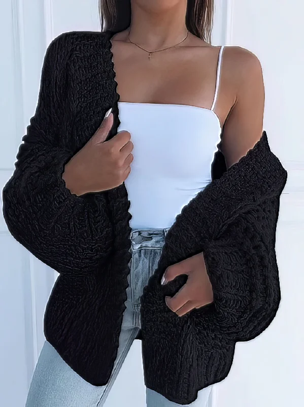 Women's Fluffy Knit Cardigan Sweater Herringbone Houndstooth Plaid