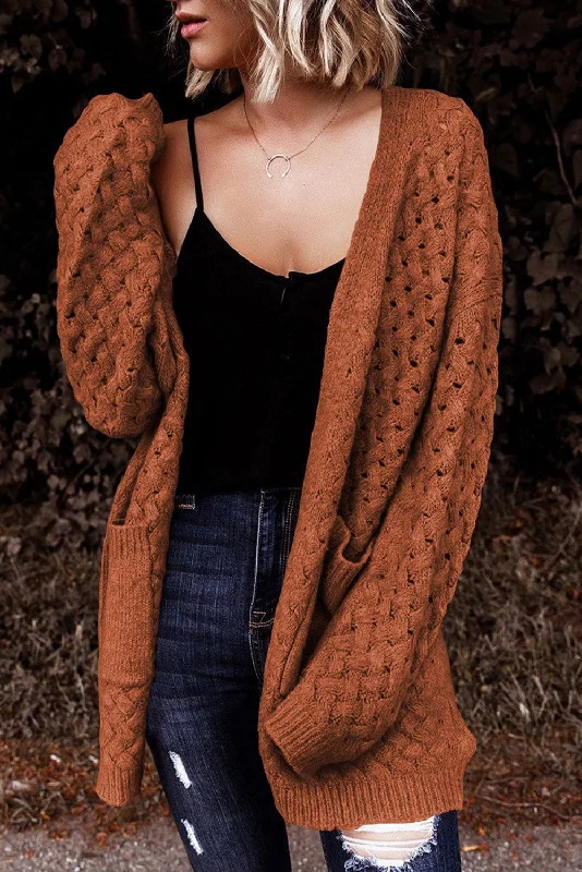Open Front Woven Texture Knitted Cardigan with Pockets Beaded Cardigan Sequined Faux Fur