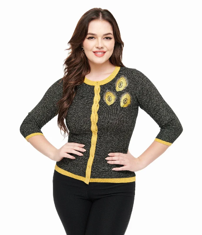 Unique Vintage 1950s Black & Gold Peacock Feather Embroidered Bookworm Cardigan Tailored Straight A-Line Unique Vintage 1950s Black & Gold Peacock Feather Embroidered Bookworm Cardigan Tailored Straight A-Line