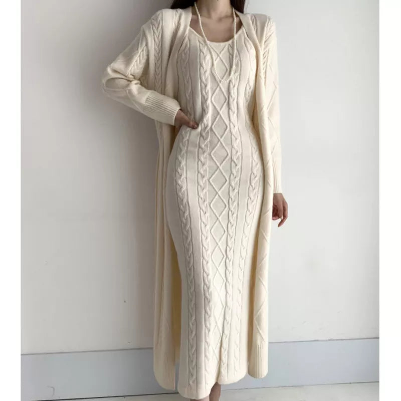 Getadme Elegant Fall Winter Thick Knitted 2 Piece Set Women Twist Long Cardigan Sweater Coat +Sleeveless Long Dress Suit Ensemble Femme Polka Dot Checkered Tartan Getadme Elegant Fall Winter Thick Knitted 2 Piece Set Women Twist Long Cardigan Sweater Coat +Sleeveless Long Dress Suit Ensemble Femme Polka Dot Checkered Tartan