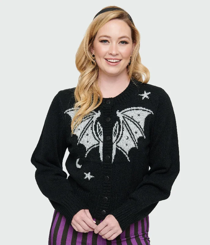 Unique Vintage 1950s Black & Silver Bat Cropped Cardigan Elegant Classic Vintage