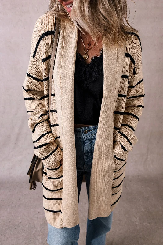 Stripe Shawl Pocketed Open Cardigan Silk Blend Satin Velvet