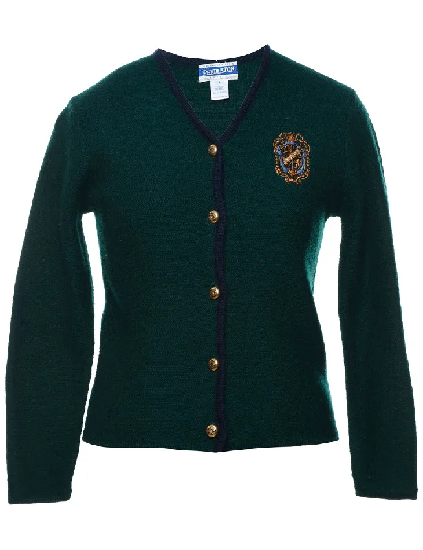Wool Pendleton Dark Green Button-Front Embroidered Cardigan - M Bright Pastel Dark