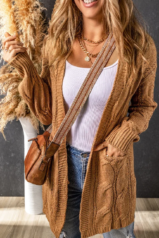Khaki Ribbed Trim Eyelet Cable Knit Cardigan Iron Safe Non-Iron Wrinkle Free
