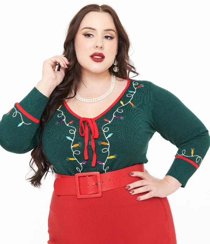 Unique Vintage Plus Size 1950s Green Holiday Lights Crop Cardigan Denim Fabric Leather Fabric Suede Fabric Unique Vintage Plus Size 1950s Green Holiday Lights Crop Cardigan Denim Fabric Leather Fabric Suede Fabric