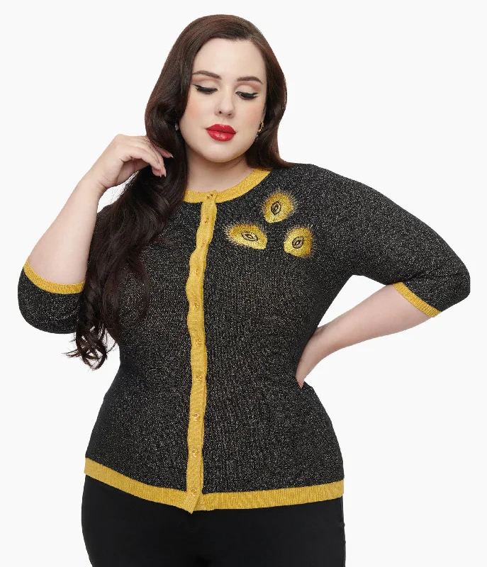 Unique Vintage Plus Size 1950s Black & Gold Peacock Feather Embroidered Bookworm Cardigan Boat Neck Shawl Collar Notched Collar Unique Vintage Plus Size 1950s Black & Gold Peacock Feather Embroidered Bookworm Cardigan Boat Neck Shawl Collar Notched Collar