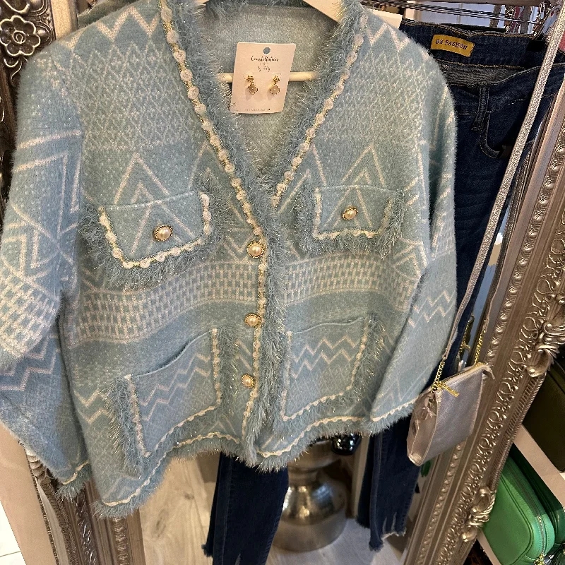 Blue tweed cardigan Solid Color Striped Floral Print