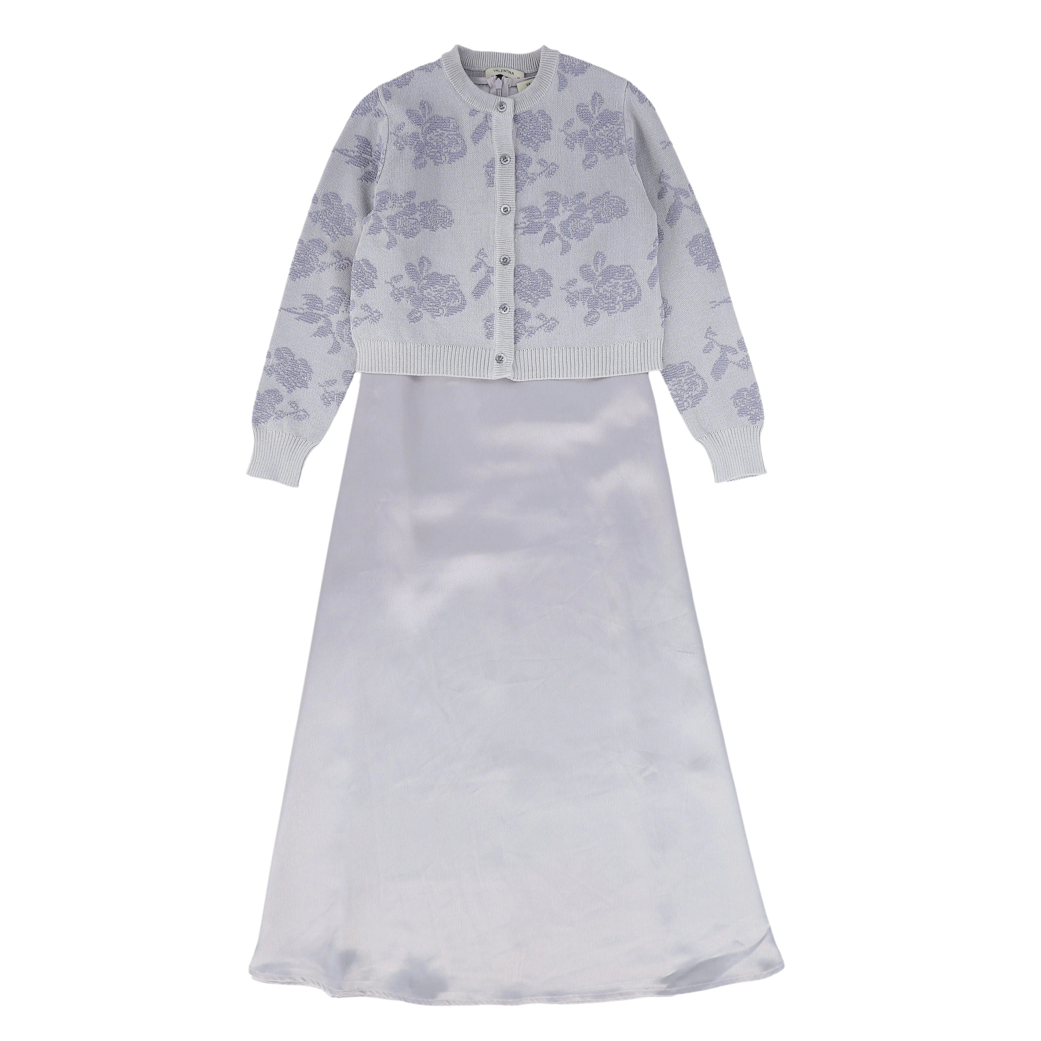 Valentina Blue Silk Maxi Dress With Textured Cardigan Jersey Fabric Tulle Fabric Batik Fabric