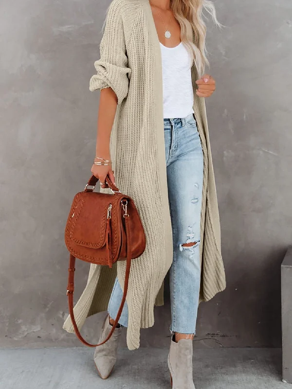 Beige Chunky Knit Open Front Duster Cardigan with Side Slits Stretchy Elastic Breathable Beige Chunky Knit Open Front Duster Cardigan with Side Slits Stretchy Elastic Breathable