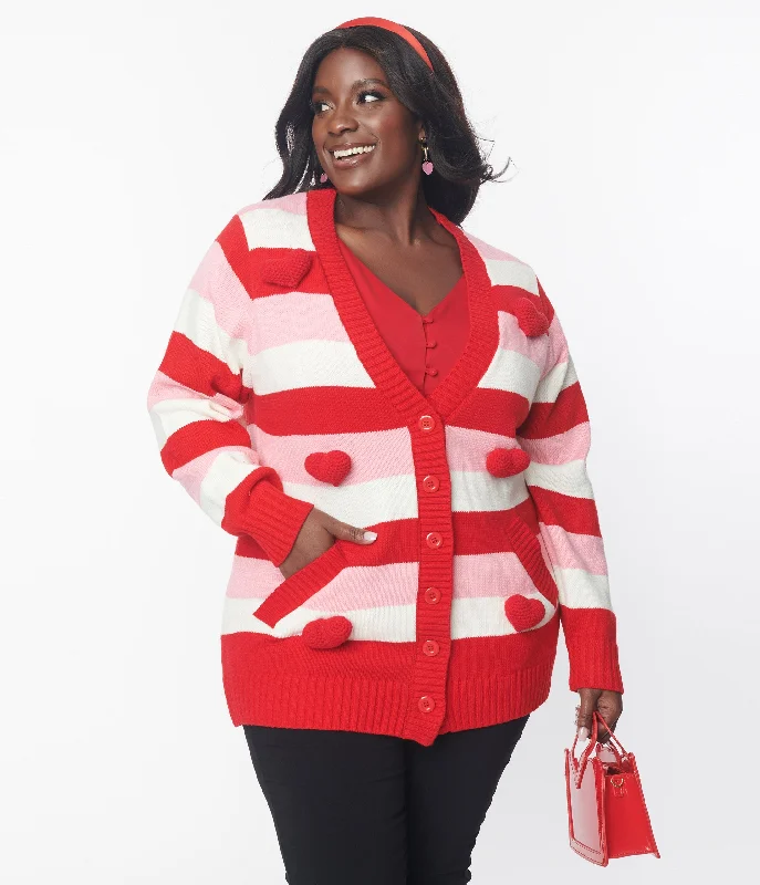 Unique Vintage Plus Size Pink & Red Striped Crochet Hearts Cardigan Elasticated Padded Insulated