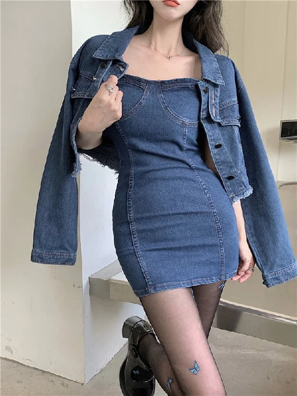 Women's Suit Tight Mini Denim Dress Cardigan Jacket Vintage Corset Dress Fashion Two Piece Sexy Women Clothing Korean Style Patchwork Embroidered Appliqued Women's Suit Tight Mini Denim Dress Cardigan Jacket Vintage Corset Dress Fashion Two Piece Sexy Women Clothing Korean Style Patchwork Embroidered Appliqued