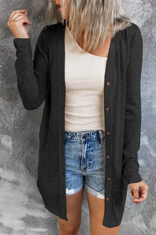 Black Solid Color Open-Front Buttons Cardigan Crew Neck V-Neck Turtle Neck