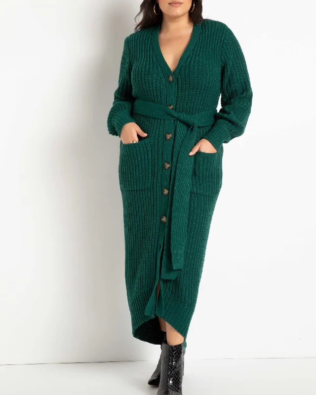 Payton Belted Cardigan Sweater Dress | Forest Biome Lace Blend Ribbed Blend Corduroy Blend
