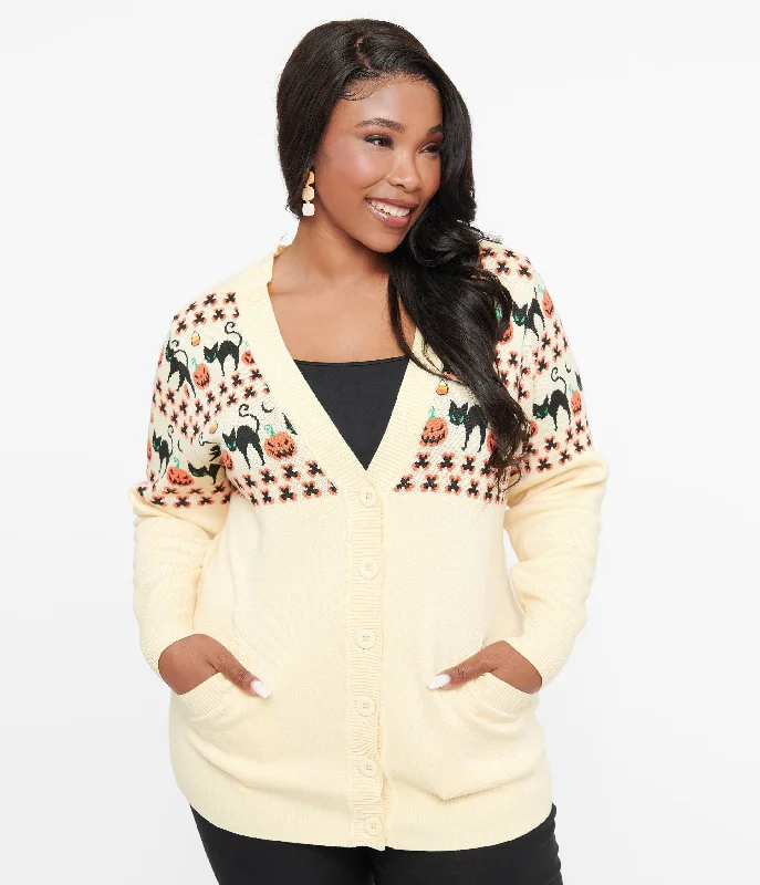 Unique Vintage Plus Size 1960s Ivory & Orange Halloween Print Cardigan Soft Cozy Warm Unique Vintage Plus Size 1960s Ivory & Orange Halloween Print Cardigan Soft Cozy Warm