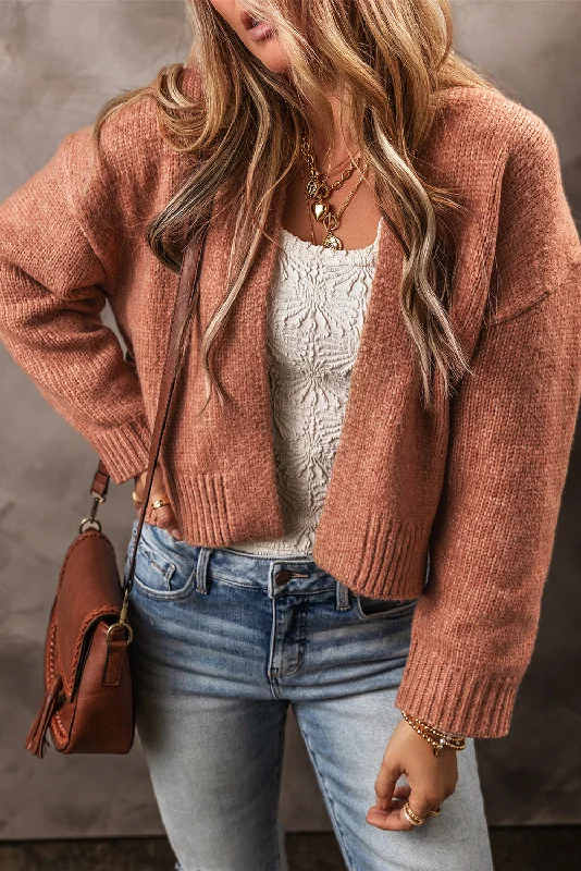 Drop Shoulder Open Front Cropped Cardigan Terry Blend Velvet Blend Canvas Blend