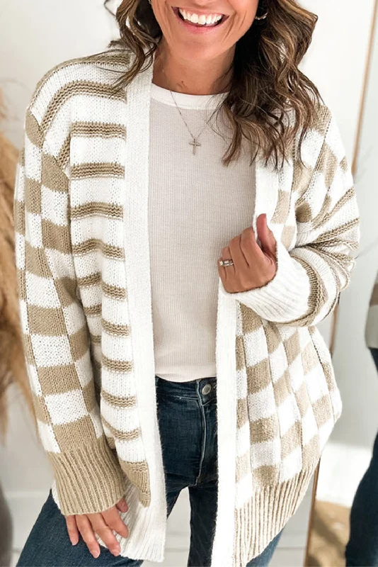 Gingham Striped Knitted Open Front Cardigan Front Pockets Side Pockets Patch Pockets Gingham Striped Knitted Open Front Cardigan Front Pockets Side Pockets Patch Pockets