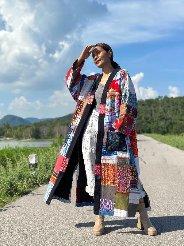 Hill tribe patchwork cardigan jacket Boat Neck Shawl Collar Notched Collar