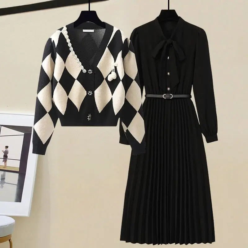 GETADME Spring Autumn Sweater Outfits Women's Vintage Plaid Elegant Casual Knitted Cardigan Coat Black Slim Midi Dress Two Piece Set Elasticated Padded Insulated GETADME Spring Autumn Sweater Outfits Women's Vintage Plaid Elegant Casual Knitted Cardigan Coat Black Slim Midi Dress Two Piece Set Elasticated Padded Insulated