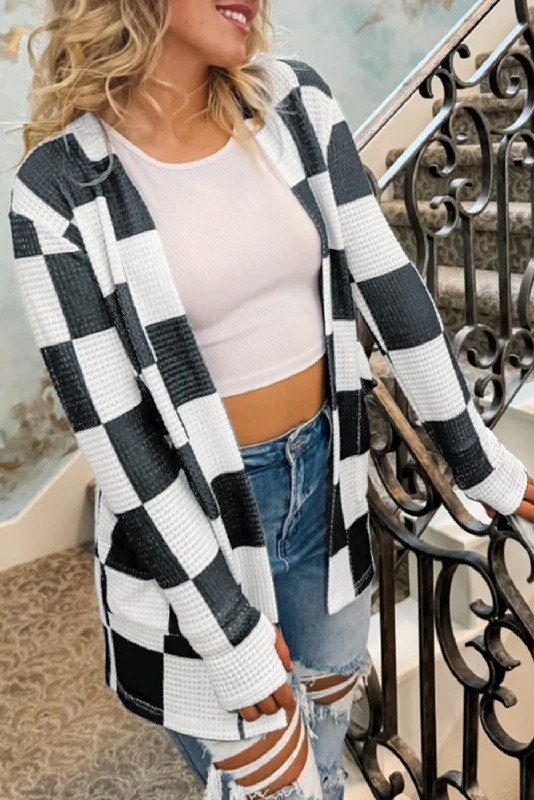 Checkered Waffle Knit Thumbhole Open Front Cardigan Seamless Knitted Crochet