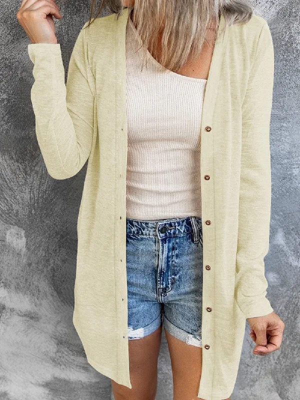Beige V-Neck Button-Up Cardigan for Casual Layering Velvet Chenille Corduroy