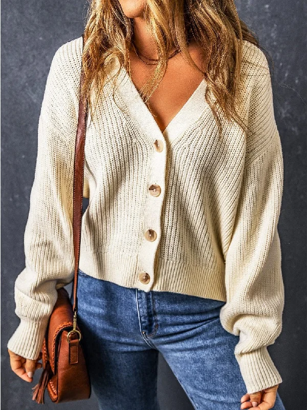 Beige V Neck Button-Up Knit Cardigan Neon metallic Matte