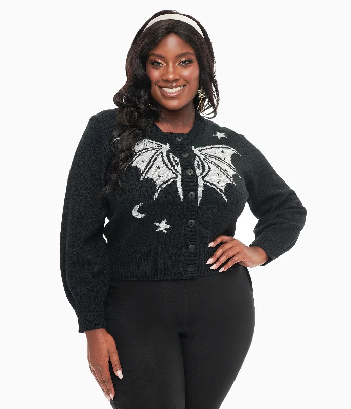 Unique Vintage Plus Size 1950s Black & Silver Bat Cropped Cardigan Casual Formal Business Unique Vintage Plus Size 1950s Black & Silver Bat Cropped Cardigan Casual Formal Business