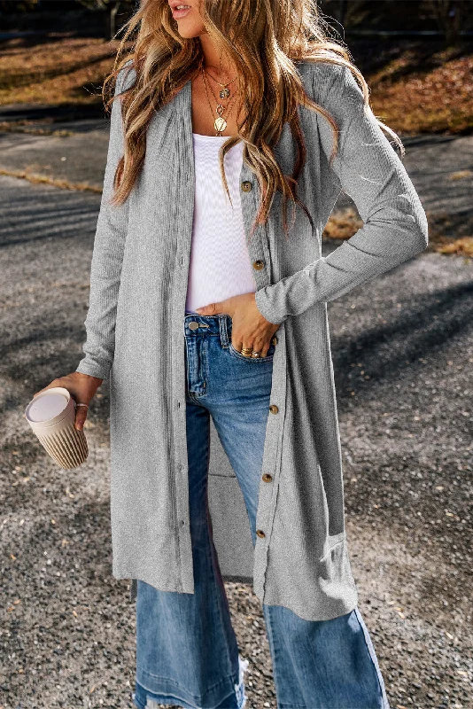 Ribbed Button-Up Split Duster Cardigan Boxy Cardigan Fitted Cardigan A-Line