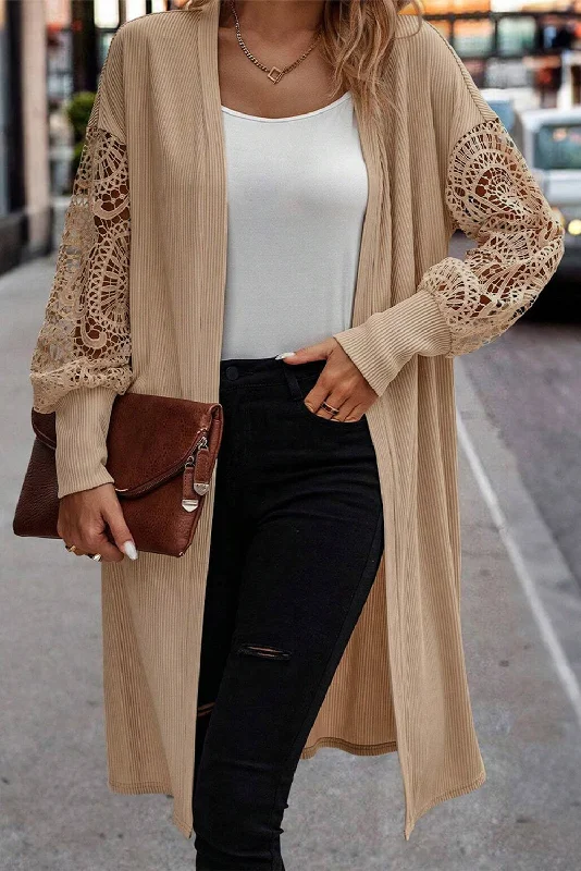 Lace Patchwork Ribbed Knit Open Front Duster Cardigan Nylon Fabric Polyester Fabric Spandex Fabric Lace Patchwork Ribbed Knit Open Front Duster Cardigan Nylon Fabric Polyester Fabric Spandex Fabric