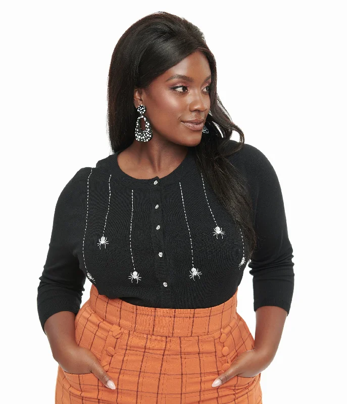 Unique Vintage Plus Size Black & Spider Embroidered Bookworm Cardigan Modern Contemporary chic Unique Vintage Plus Size Black & Spider Embroidered Bookworm Cardigan Modern Contemporary chic